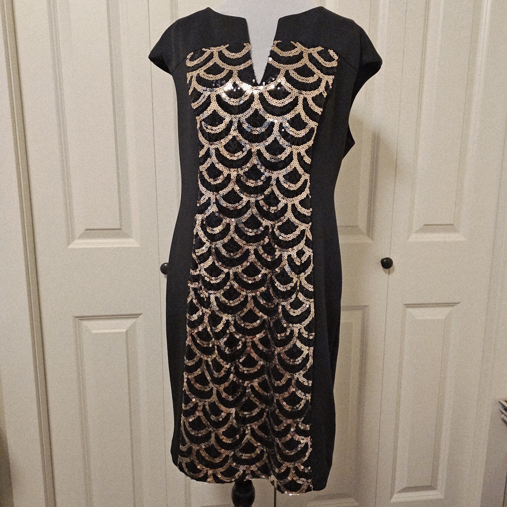 Laura Petites Formal Party Dress  Black Bronze Sequin Dress Midi Sz 14P